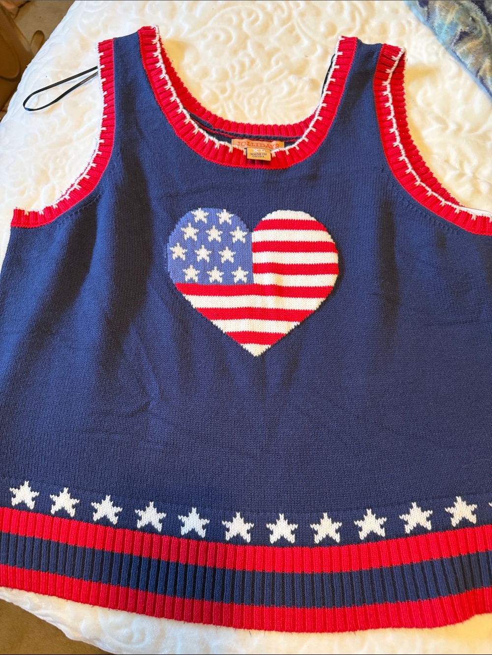 Navy Sleeveless Knit Tank with American Flag Heart